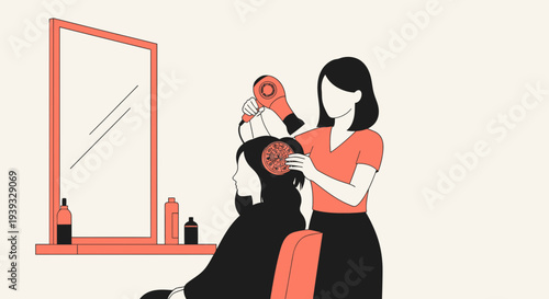 Woman styling hair with a blow dryer in a salon.