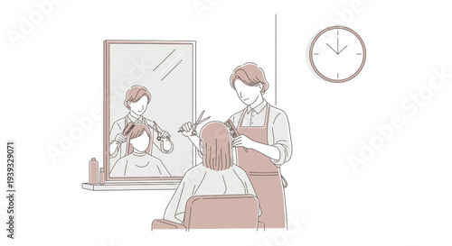 Woman getting haircut by female hairstylist in salon.