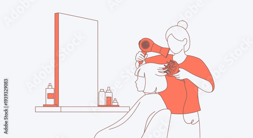 Woman drying her hair with a hair dryer in a bathroom.
