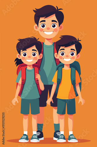 Kindergarten, kids and face with smile on floor for education, knowledge learning at academy. Students, friends happy with diversity school for child development, scholarship bonding vettoriale