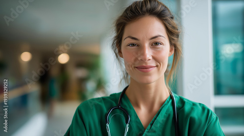 Free Download Close up portrait of a smiling female doctor in vivid green scrubs with a stethoscope draped confidently around the neck standing in a bright modern hospital corridor a warm - GFXLoad
