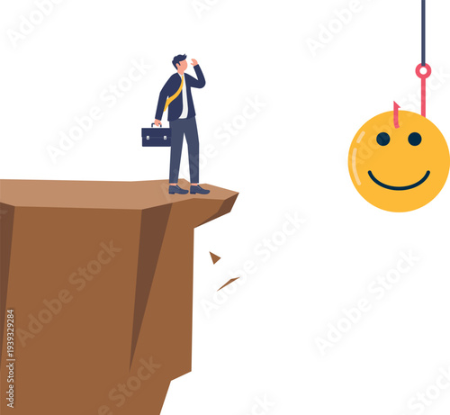 Businessman Facing Happiness Bait at Cliff Edge