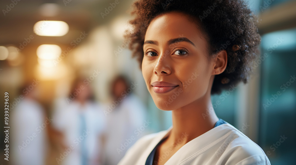 Fototapeta premium Close up portrait of a young nurse in a clean bright uniform a full medical team visible in soft focus behind her in the hospital corridor warm overhead institutional lighting