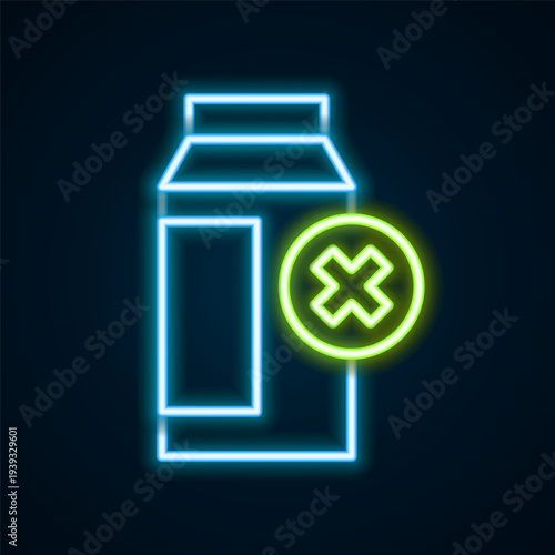 Glowing neon line Lactose intolerance icon isolated on black background. Not allow milk. Allergy concept, lactose intolerance allergy warning sign. Colorful outline concept. Vector