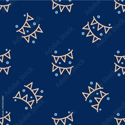 Line Carnival garland with flags icon isolated seamless pattern on blue background. Party pennants for birthday celebration, festival and fair decoration. Vector