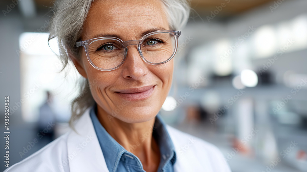Fototapeta premium Close up portrait of a mature female scientist in a clean white lab coat and blue collared shirt professional glasses giving a distinguished intellectual appearance warm natural