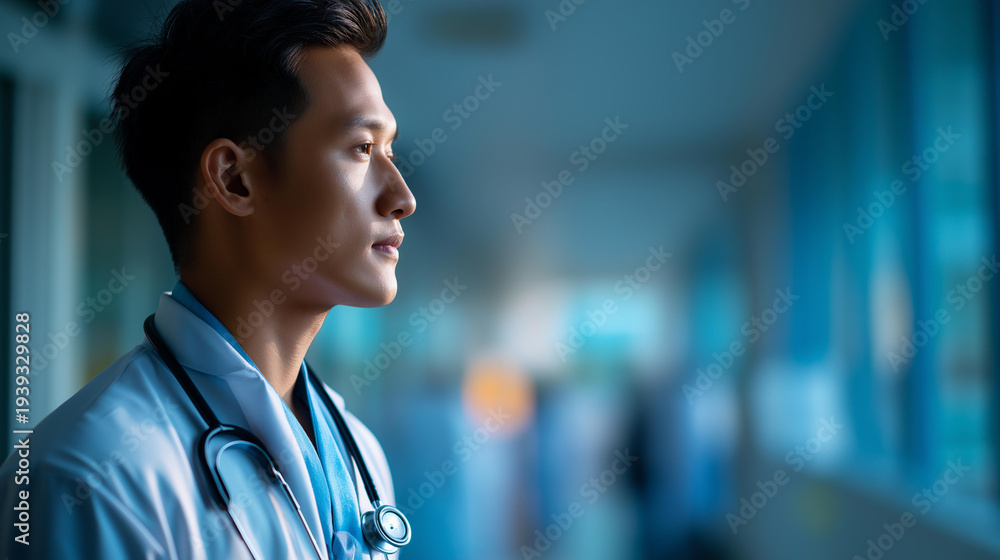 Fototapeta premium Faceless male Asian doctor from the side in a bright hospital corridor stethoscope draped over the shoulders of a pristine white coat posture upright and calm natural light