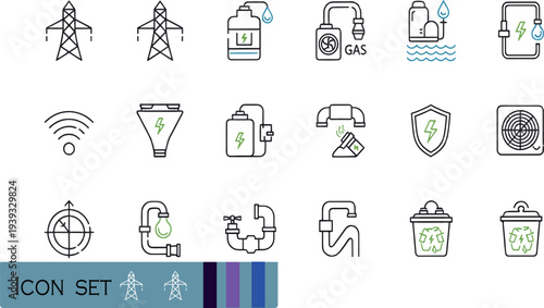 Print Public Utilities and Sustainable Energy Icon Set Featuring Electric Power Grids Gas Supply Water Systems and Waste Recycling Symbols