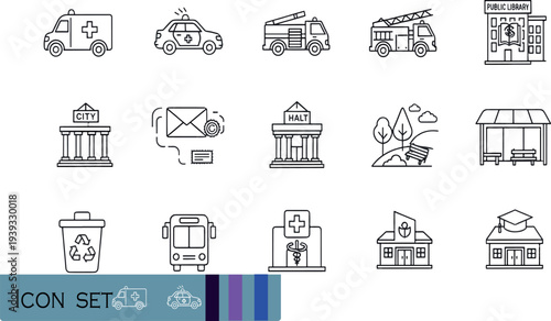Print Public Infrastructure and Community Services Icon Set Featuring Emergency Vehicles Government Buildings Education and Urban Amenities