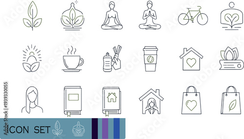 Print Minimalist Wellness and Sustainable Lifestyle Icon Set Featuring Yoga Meditation Eco-Friendly Shopping Coffee Culture and Personal Growth Symbols