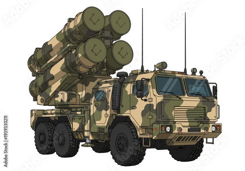 Camo military truck with missiles.