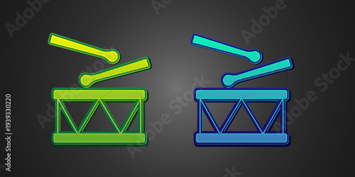 Green and blue Drum with drum sticks icon isolated on black background. Music sign. Musical instrument symbol. Vector