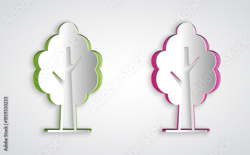 Paper cut Tree icon isolated on grey background. Forest symbol. Paper art style. Vector
