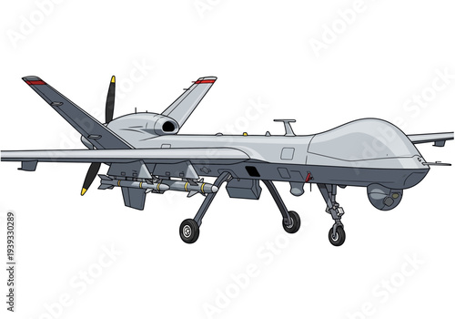 Gray military drone aircraft flying solo.