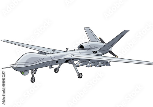 Gray military drone aircraft model flying.