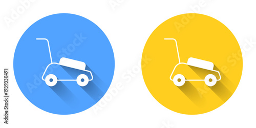 White Lawn mower icon isolated with long shadow background. Lawn mower cutting grass. Circle button. Vector