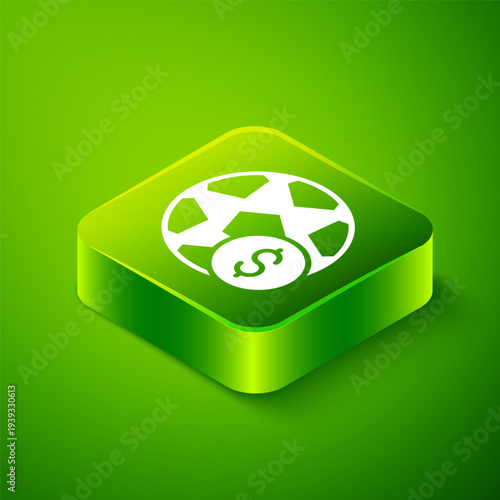 Isometric Soccer football betting money icon isolated on green background. Football bet bookmaker. Soccer betting online make money. Green square button. Vector