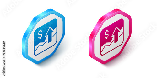 Isometric Financial growth increase icon isolated on white background. Increasing revenue. Hexagon button. Vector