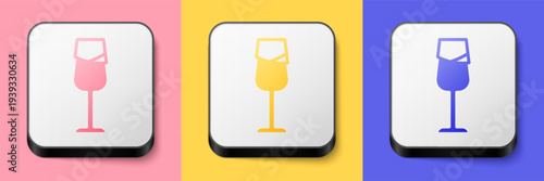 Isometric Wine glass icon isolated on pink, yellow and blue background. Wineglass sign. Square button. Vector