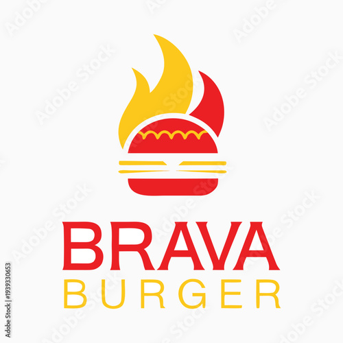 Brava Burger logo with flame grill fire fast food branding design vector illustration
