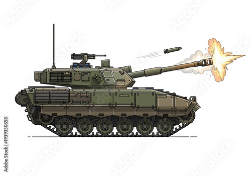 Military Tank Firing Large Cannon Shell.