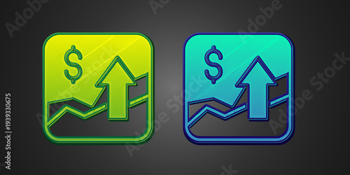 Green and blue Financial growth increase icon isolated on black background. Increasing revenue. Vector