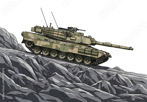 Military tank on rugged terrain surface.