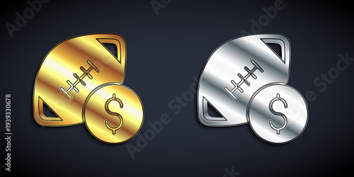 Gold and silver American football betting money icon isolated on black background. Football bet bookmaker. Soccer betting online make money. Long shadow style. Vector