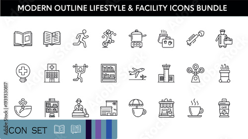 Print Modern Outline Lifestyle and Facility Icon Bundle Featuring Education Fitness Travel Dining and Healthcare Symbols
