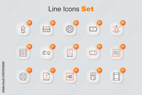 Set line Play video, Fire exit, Plus 16 movie, Scenario, Film reel, Video with subtitles, Cinema ticket and Stereo speaker icon. Vector