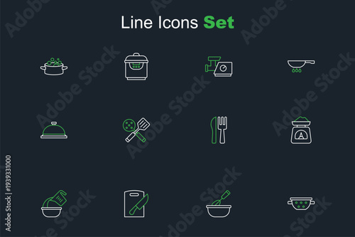 Set line Kitchen colander, Cooking whisk with bowl, Cutting board knife, Measuring cup, Scales, Crossed fork, Spatula and Covered tray of food icon. Vector