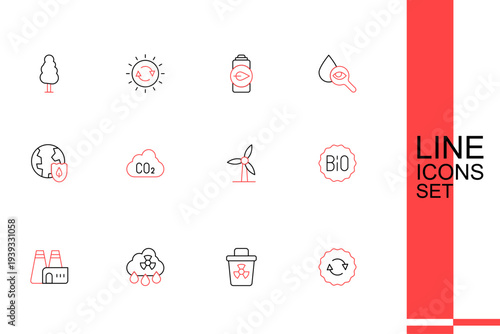 Set line Recycle symbol, Infectious waste, Acid rain radioactive cloud, Factory production, Banner for bio, Wind turbine, CO2 emissions and Earth with shield icon. Vector
