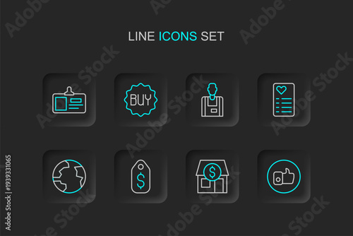 Set line Hand like, Market store, Price tag with dollar, Worldwide, Shopping list, Seller, Buy button and Identification badge icon. Vector