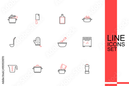 Set line Pepper, Cooking pot and spice, Measuring cup, Oven, whisk with bowl, glove and Kitchen ladle icon. Vector