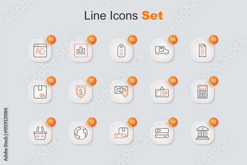 Set line Bank building, Credit card, Delivery hand with box, Worldwide, Shopping basket, Calculator, Identification badge and Money shield icon. Vector