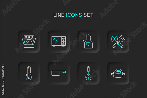 Set line Cooking pot, Spatula, Frying pan, Pizza knife, Kitchen apron, Microwave oven and Oven icon. Vector