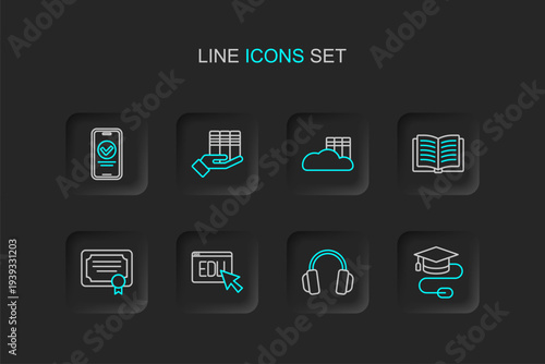 Set line Graduation cap with mouse, Headphones, Online education, Certificate template, Open book, Cloud or online library, Book donation and quiz, test, survey icon. Vector