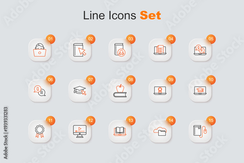 Set line Electronic book with mouse, Cloud or online library, Online class, play video, education diploma, Graduation cap laptop, and Book apple icon. Vector