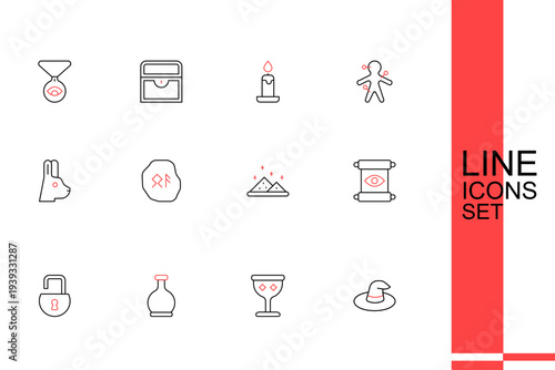Set line Witch hat, Medieval goblet, Bottle with potion, Open padlock, Magic scroll, powder, runes and Rabbit ears icon. Vector