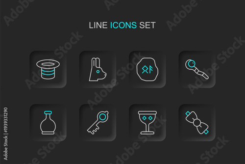 Set line Bow tie, Medieval goblet, Old magic key, Bottle with potion, Magic staff, runes, Rabbit ears and hat icon. Vector