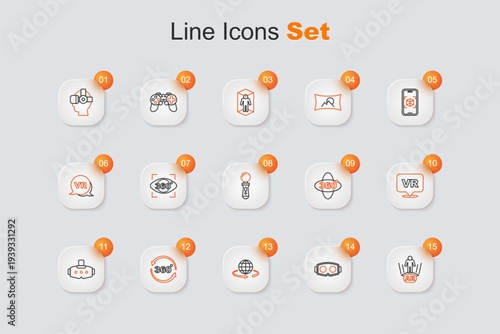 Set line Augmented reality AR, Virtual glasses, 3d modeling, 360 degree view, and VR controller game icon. Vector