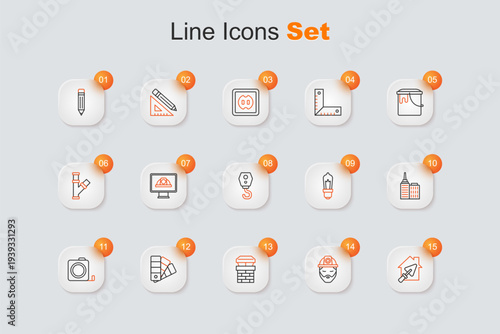 Set line House with trowel, Builder, Chimney, Color palette guide, Roulette construction, City landscape, Light bulb and Crane hook icon. Vector
