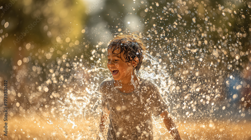 Fototapeta premium joyful child playing with water splashes in summer, happy little girl laughing in fountain spray, childhood fun and refreshing water play