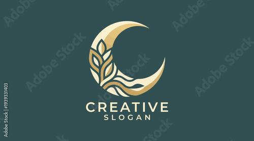 A stunning logo design featuring a crescent moon intertwined with delicate organic motifs, conveying serenity, nature, and elegance in a rich dark green background setting.