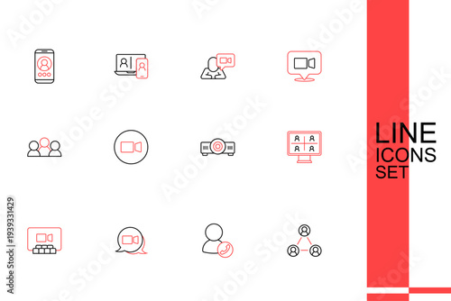 Set line Meeting, Video chat conference, Movie, film, media projector, and icon. Vector