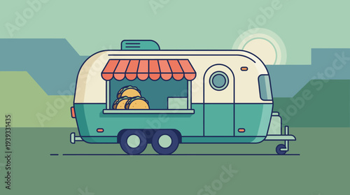 This illustration depicts a charming food truck set against a gentle landscape, embodying the essence of street food culture and culinary adventure in a playful art style.