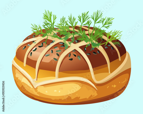 Savory bun topped with cream and dark caviar pearls for luxury seafood appetizer and high end catering menu design - Vector Illustration