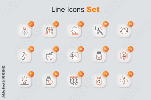 Set line Bee, Jar of honey and dipper stick, Honeycomb, Sale in jar, bee location, honeycomb, and icon. Vector
