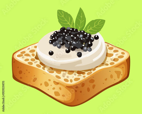 Square toast topped with white cream and dark caviar pearls for luxury appetizer and high end catering food presentation - Vector Illustration
