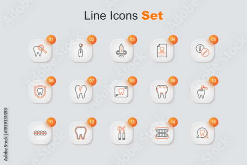 Set line Tooth, Dentures model, Dental mirror and probe, Teeth with braces, caries drill, Broken tooth and X-ray of icon. Vector